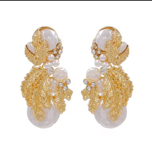 Gold and White Pearl Earrings