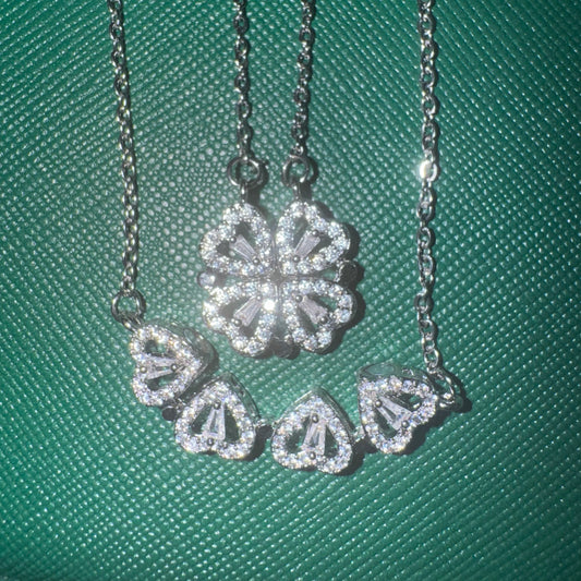 Silver Clover  Hearts Necklace